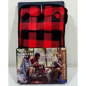 Hammer + Axe 6-Pack Bottle Cooler Carrier Insulated Red & Black Plaid Design